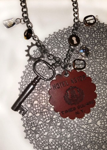 Mixed Media and Found Object Necklace with Vintage Hotel Astor Key Fob and Key